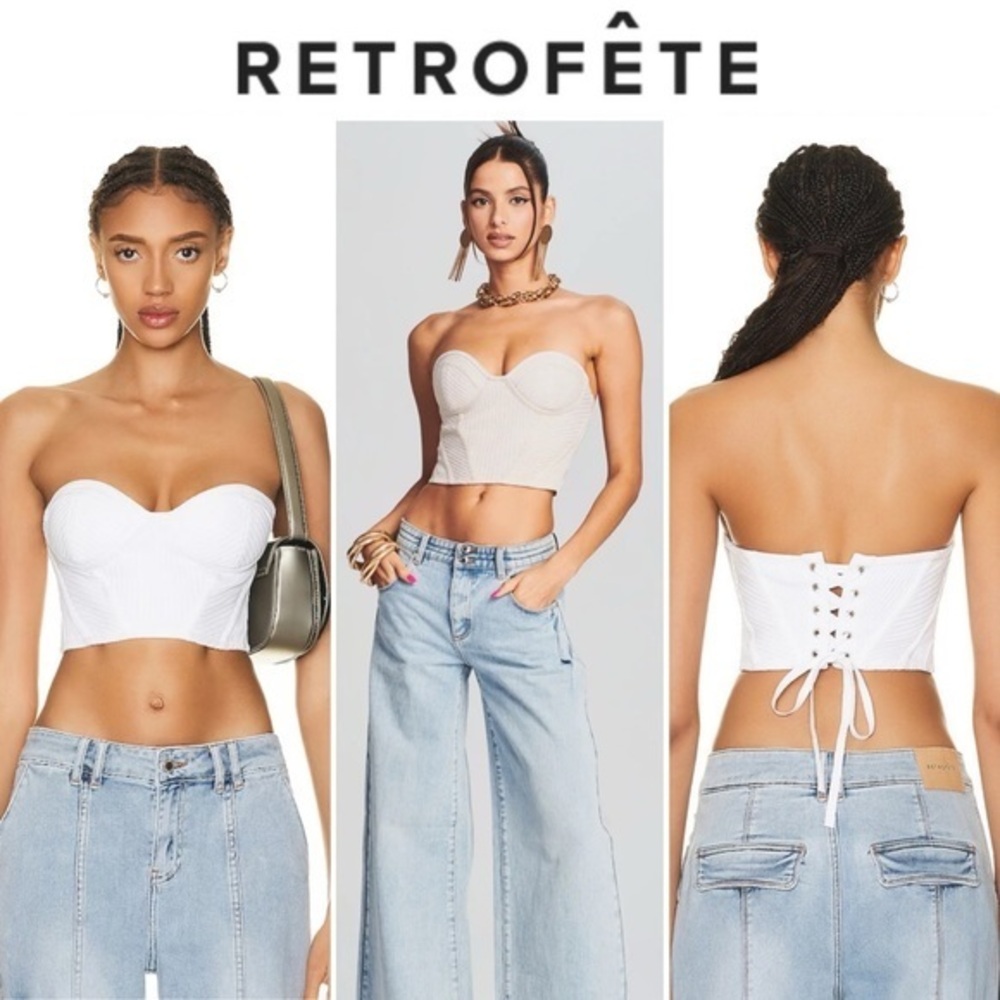 RETROFETE Glitter Ribbed Knit Sleeveless Lace Up Strapless Corset Crop Top L